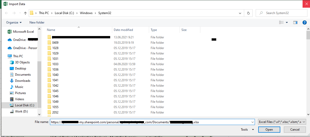 Can not query data from excel file stored in same one drive folder ...
