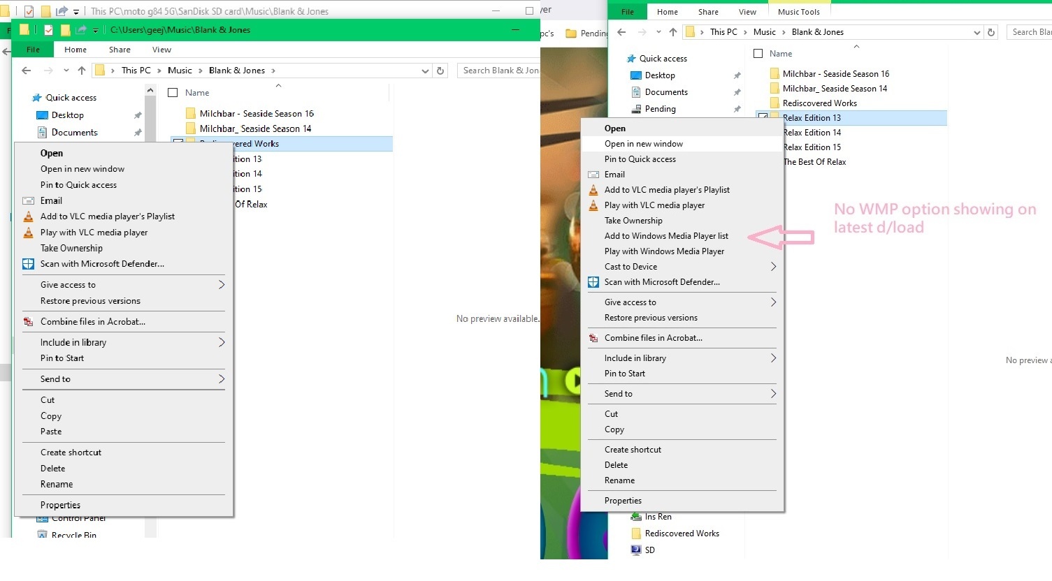 Recently d/loaded MP3 Album won't show WMP options on context menu ...