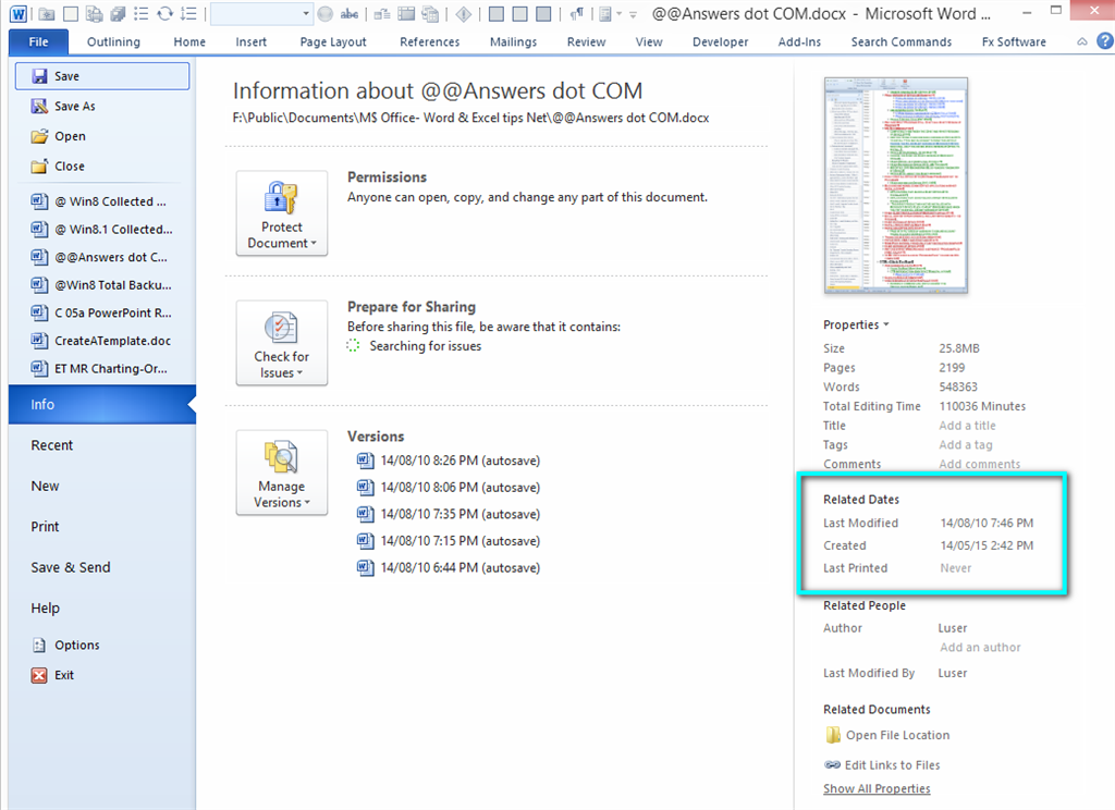 Date and time create of the document - Microsoft Q&A