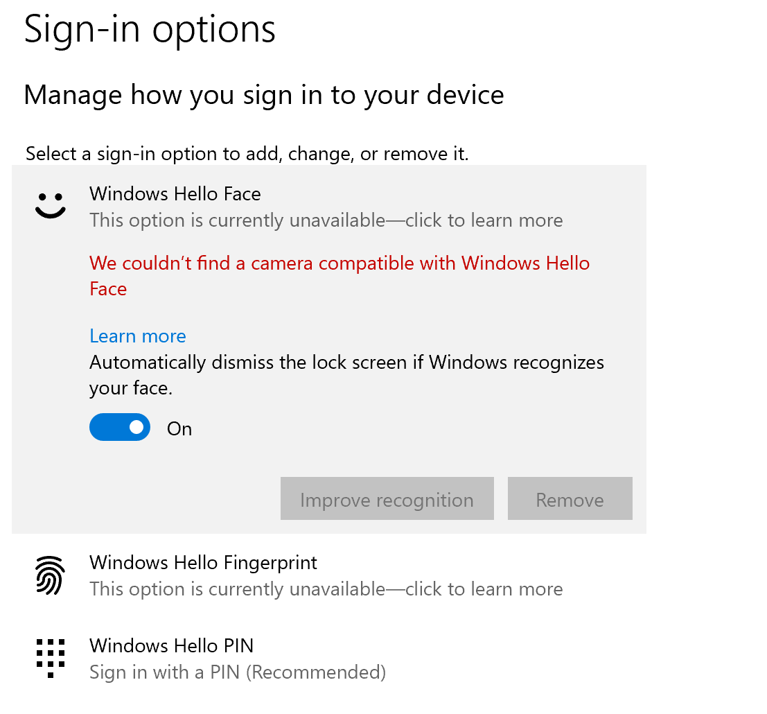 Windows Hello Face sign in issue: 