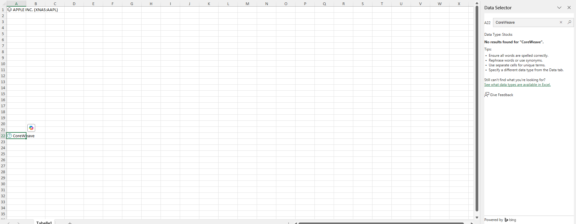 New IPO Coreweave, excel stock data - no results found, #field errors ...