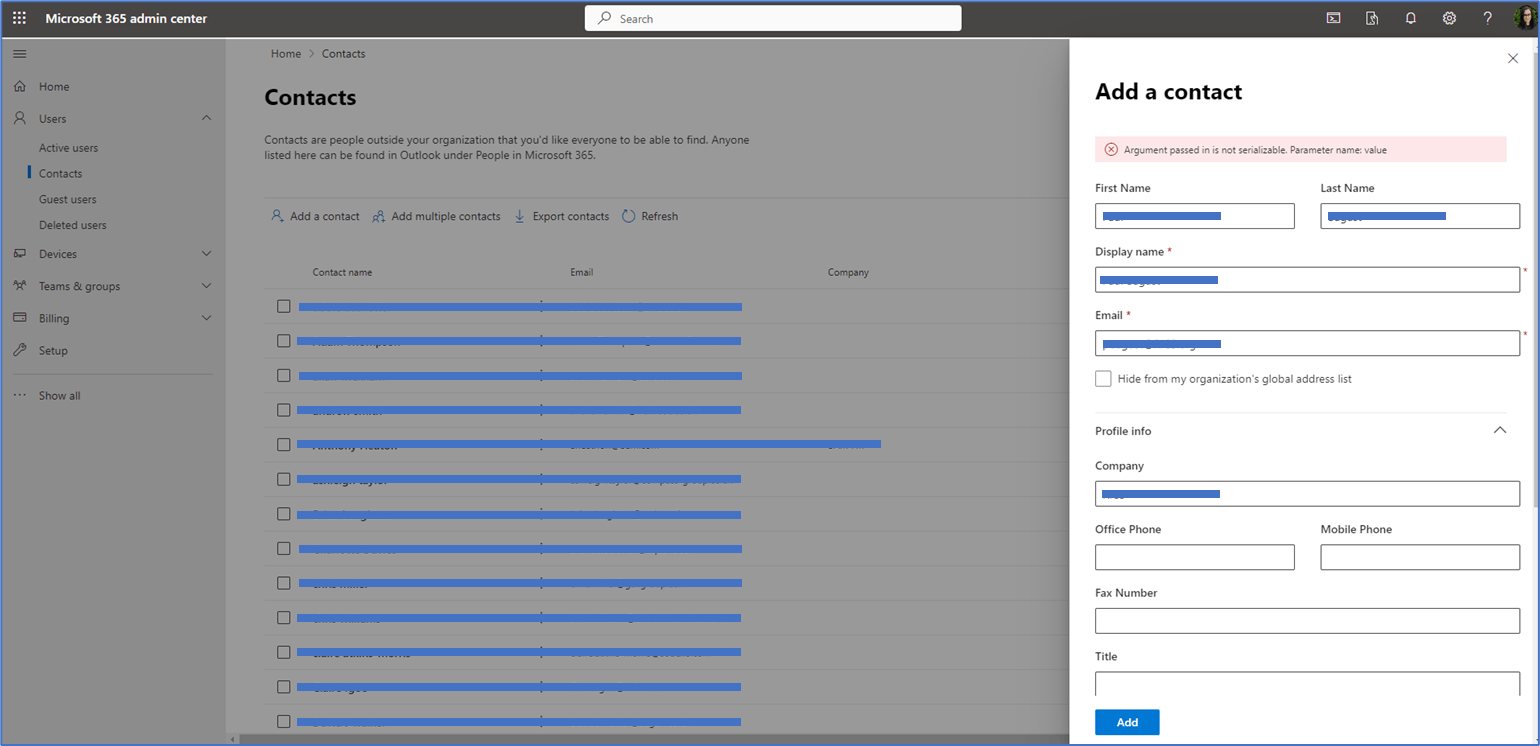 Error Message: Argument passed in is not serializable. Parameter name ...
