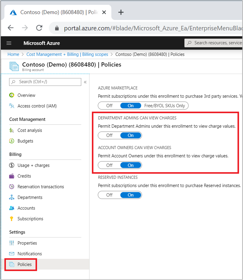 Billing scope policies showing view charges options