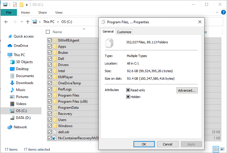 Size of all files don't add up to total space used shown in 'This PC ...