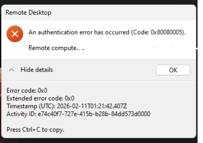 How to fix authentication error Code: 0x80080005 - Microsoft Q&A