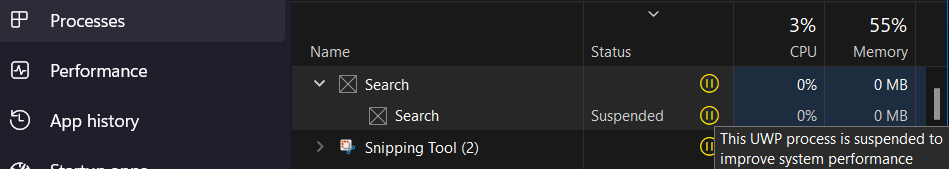 application Showing status Suspended in Task Manager uwp process ...