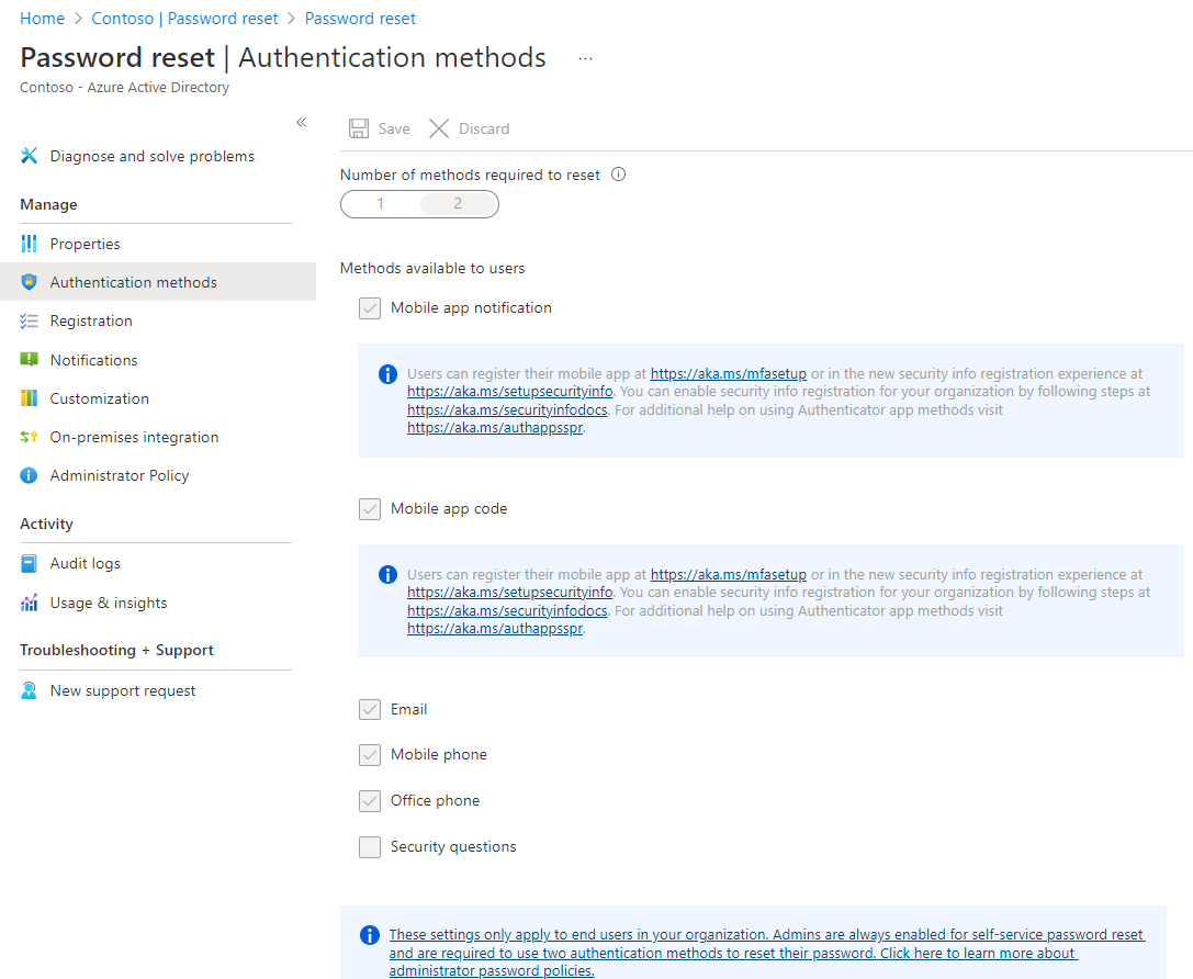 Screenshot of password reset settings.