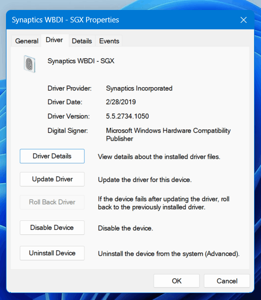 Fingerprint sensor driver cannot not start with Windows 11