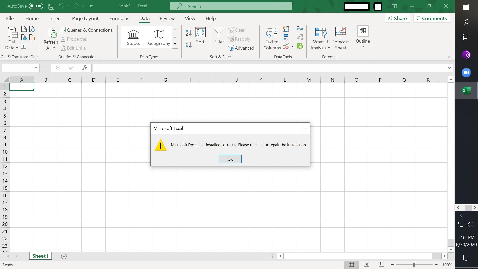 Can't get data from csv into excel. Message says not installed or needs ...