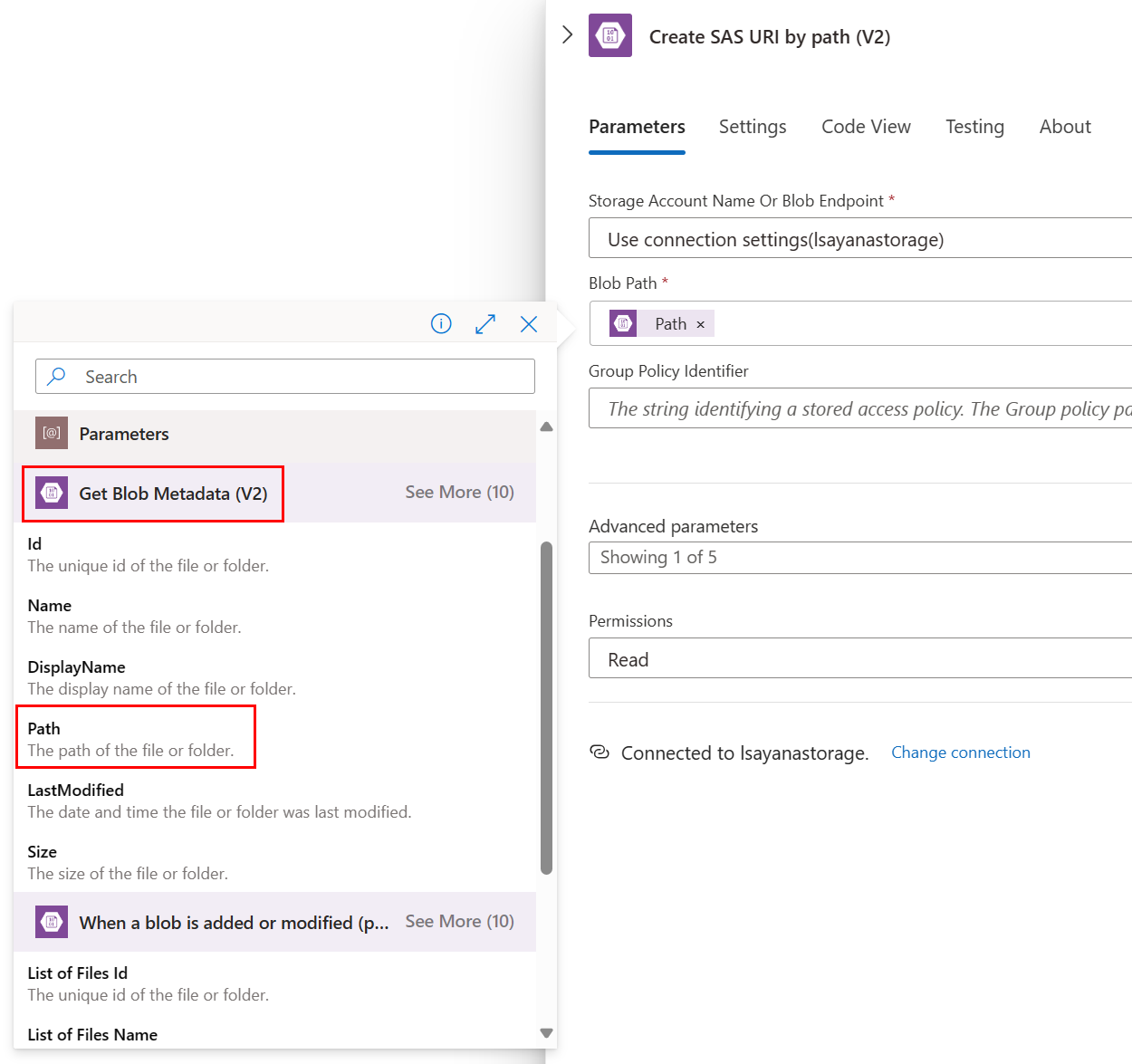 usage of, Create SAS URI by path (V2) , in the Logic App, to connect to ...