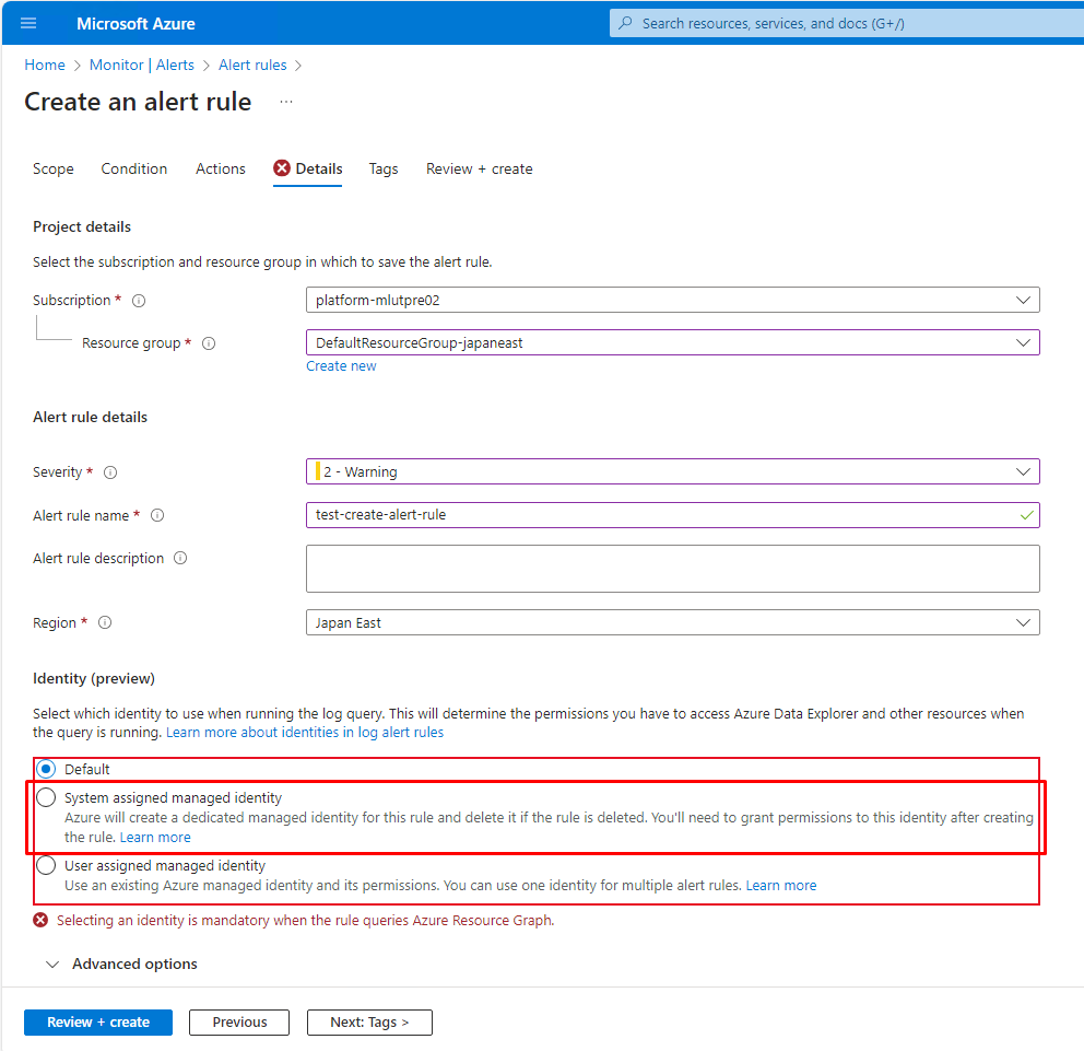 How to create a log alert rule with Identity is 