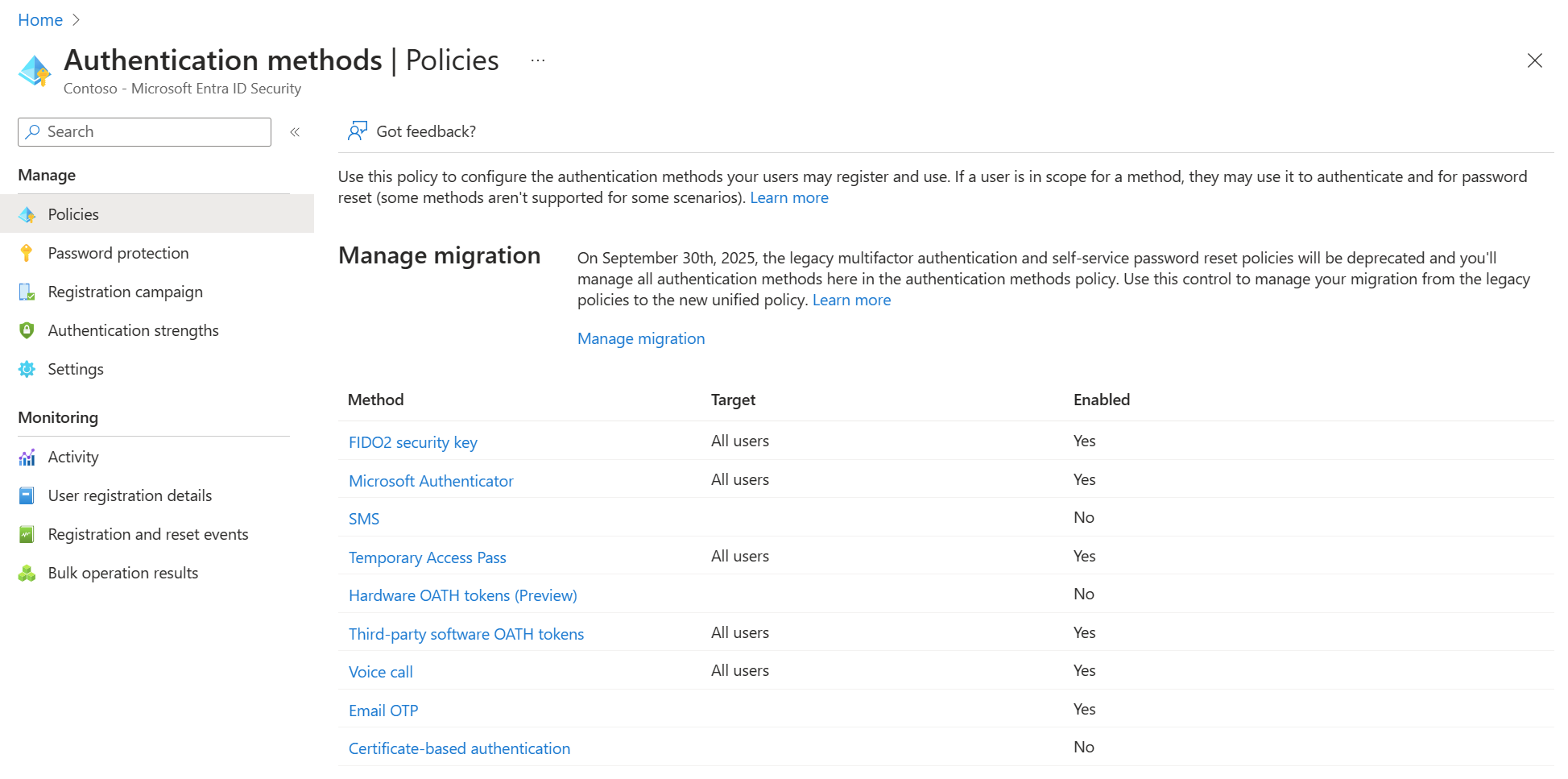 Screenshot that shows the authentication methods.