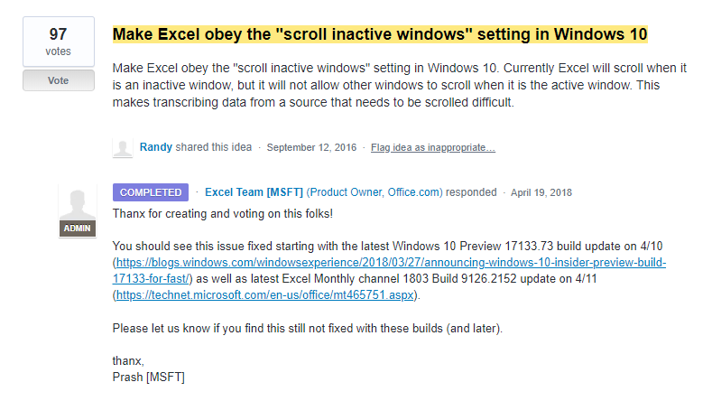 Why is Excel the only app that does not work with scroll inactive ...