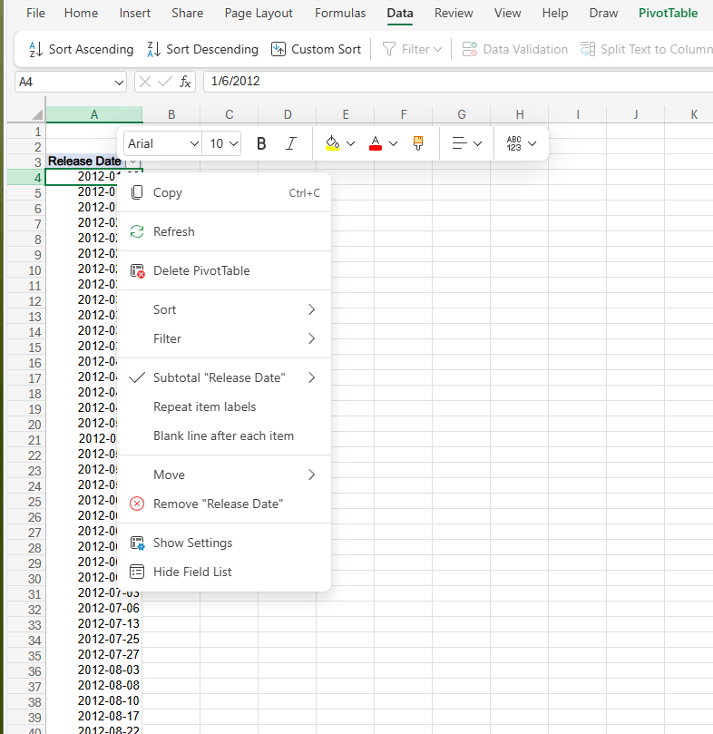 How to create pivot table group - no grouping menu popping up ...