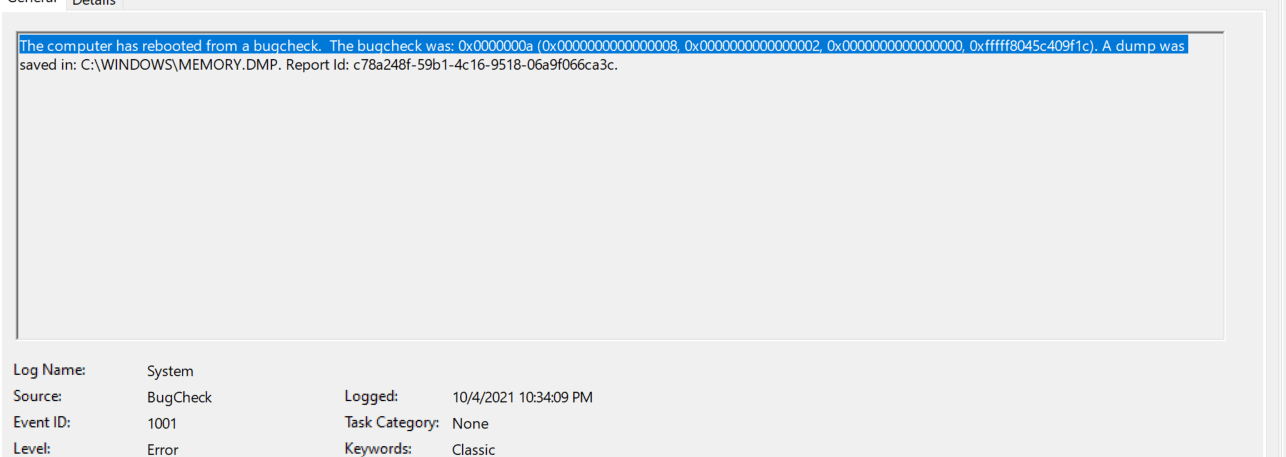The computer has rebooted from a bugcheck. The bugcheck was: 0x0000000a ...