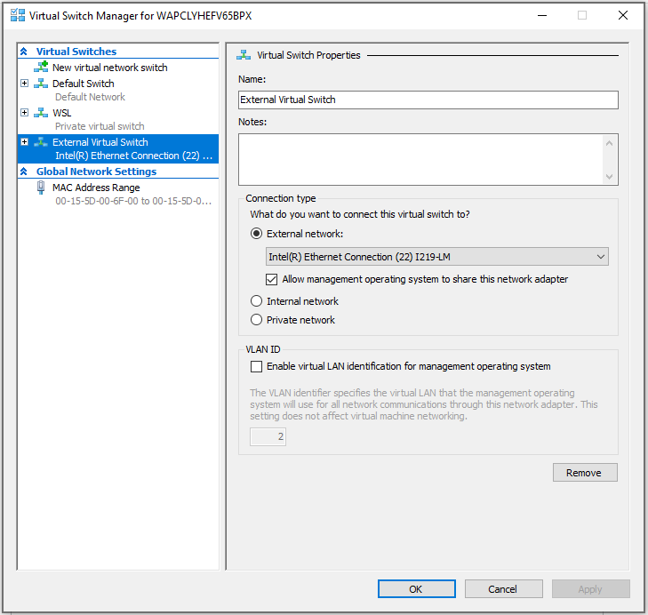 External Virtual Switch Configuration