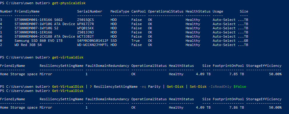Powershell Ssd Drives set up with storage spaces not recognized after rebuilding SSD ...