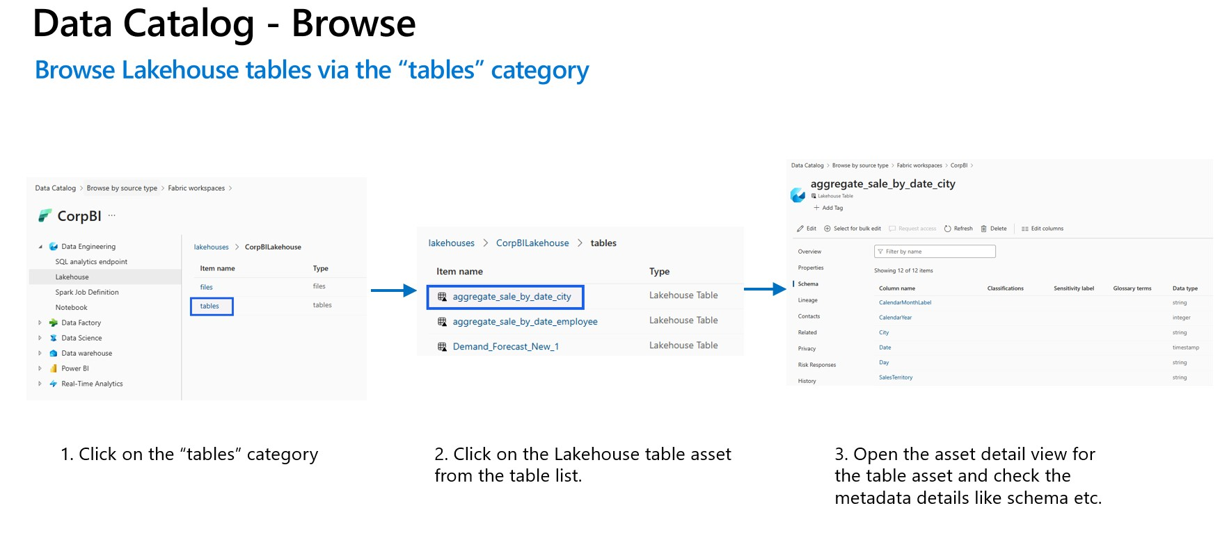 Screenshot that shows the browse fabric lakehouse tables in Unified Catalog