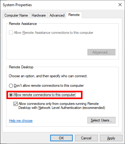 Allow Remote Connections to this Computer - Windows Server 2019