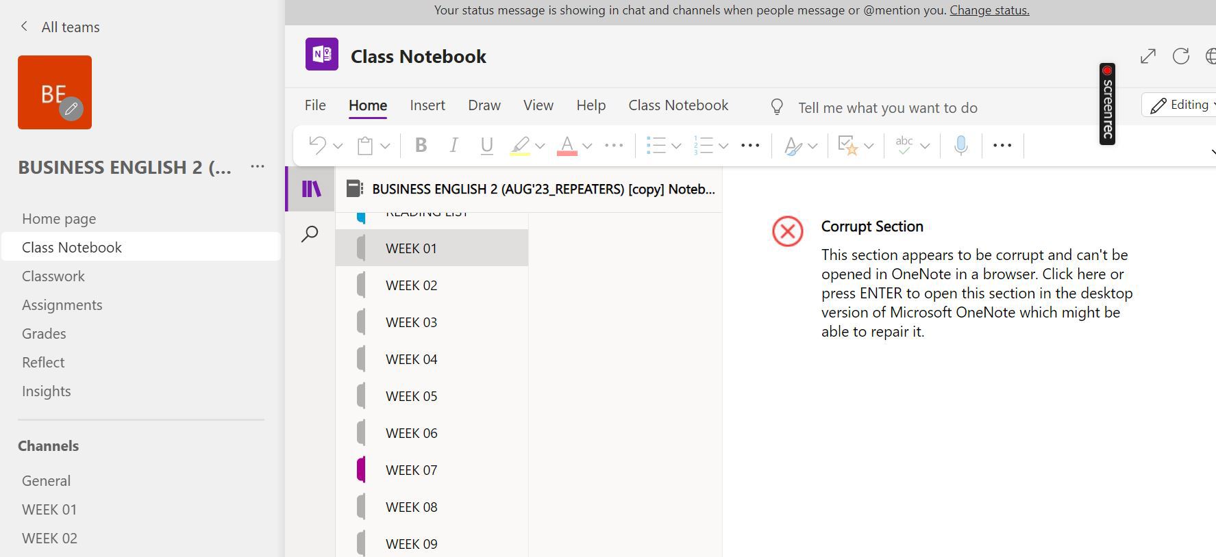 OneNote in Teams-Corrupt Section message