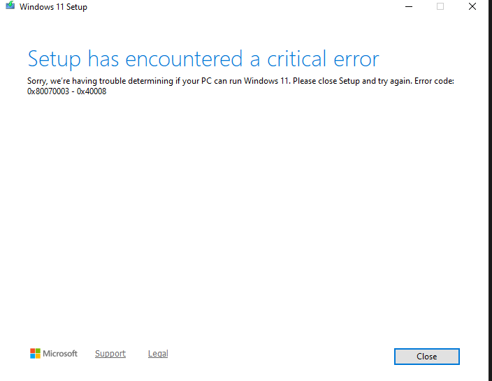 setup has encountered a critical error - Microsoft Q&A