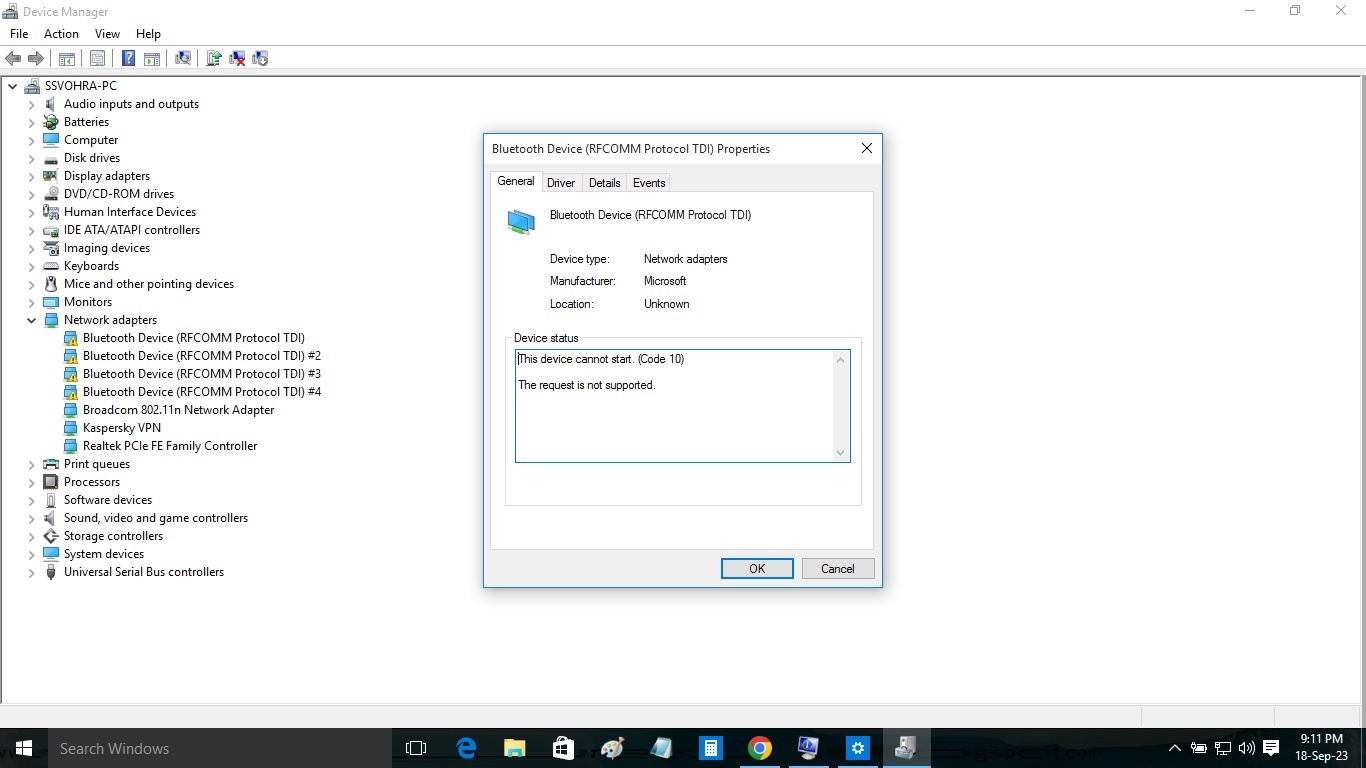 In Device Manager it shows a little triangle with an exclamation mark ...