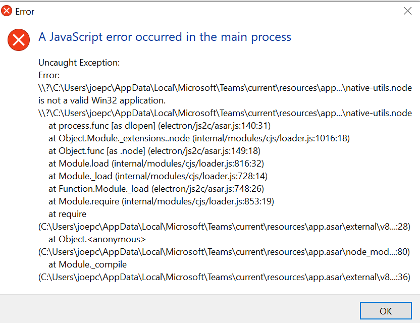 Microsoft teams JavaScript error occurred in the main process ...