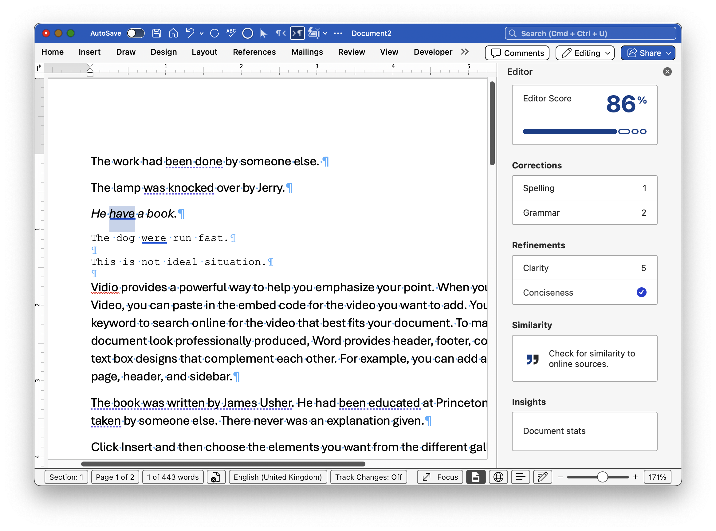 Unable to use Editor in Word 365 for mac Sonoma 14.7.7 in UK English ...