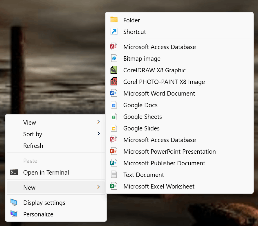 When I right click on the desktop and select New, the options contain ...