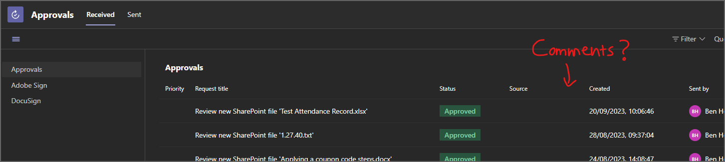 Adding a Comments Column to Approvals within Teams - Microsoft Q&A