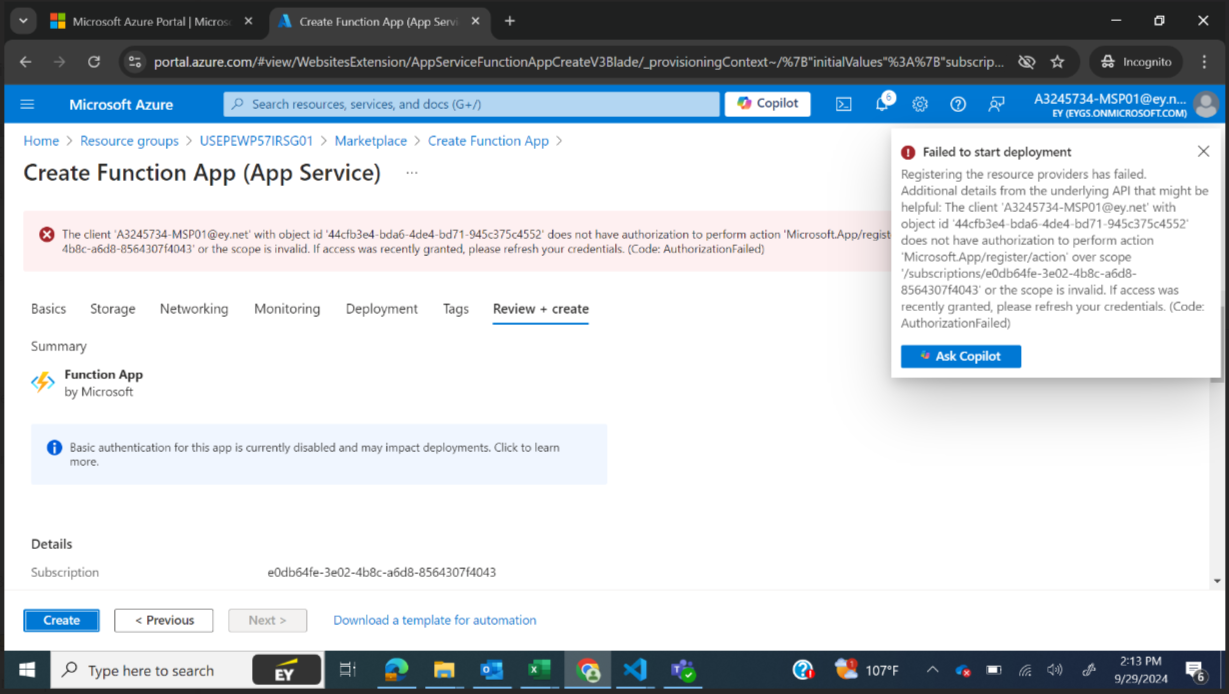 I have trouble while creation of the function app - Microsoft Q&A