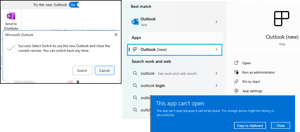 NewOutlookCantOpenApp