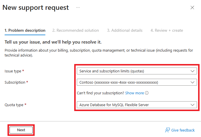 service and subscription request problem description tab