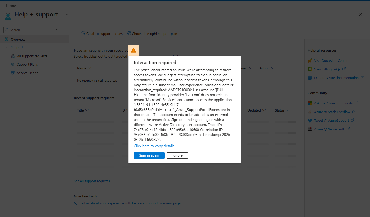 The portal encountered an issue while attempting to retrieve access ...