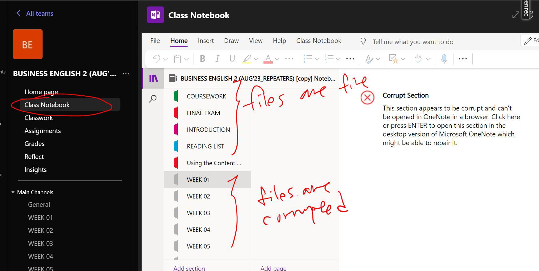 Corrupted Class Notebook files on Teams