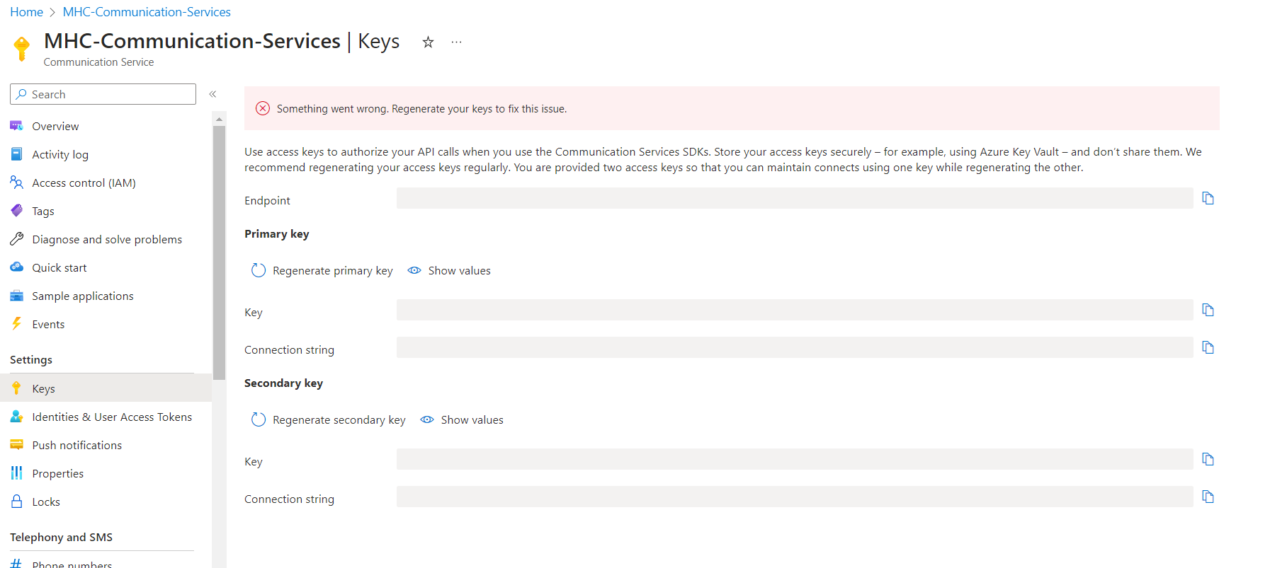 Communication service is showing me blank Keys and gives error ...
