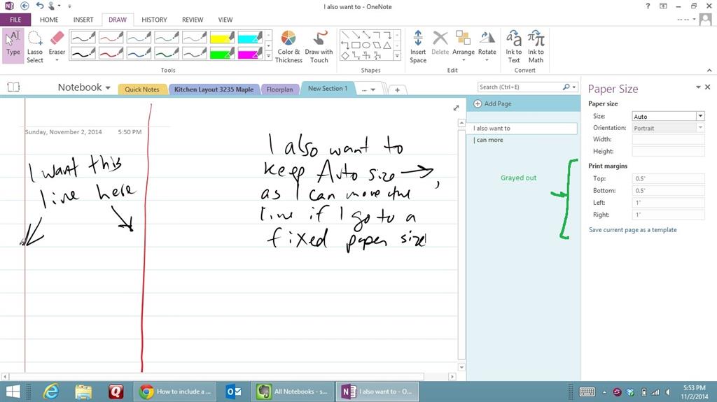 In OneNote 2013, Ruled Lines, is it possible to move the red vertical ...
