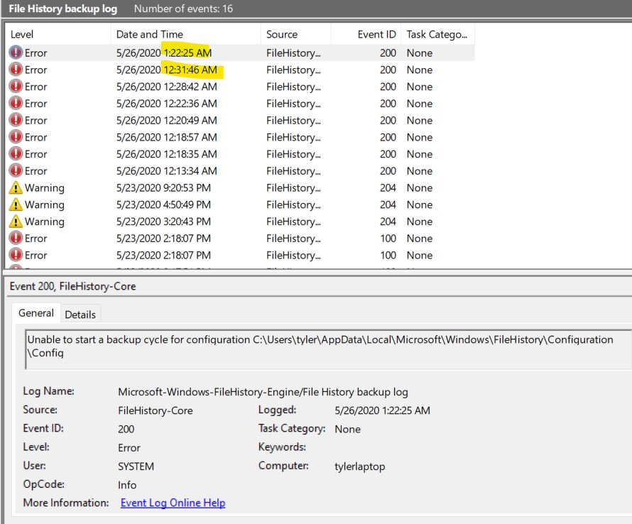FileHistory error 200 - Microsoft Q&A