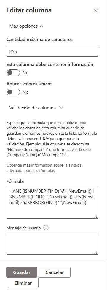 Problems creating a validation formula for email column in list for ...