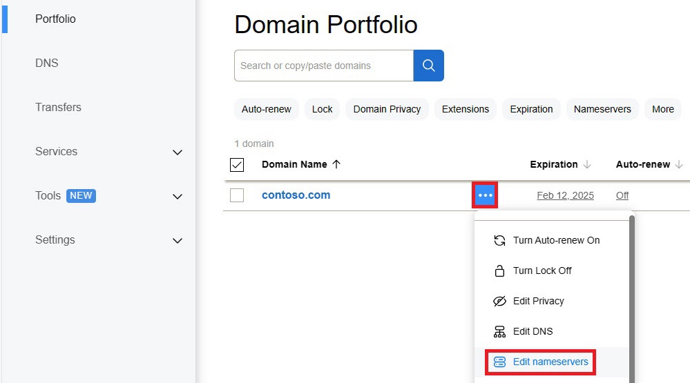 qna dcc domain list edit nameservers