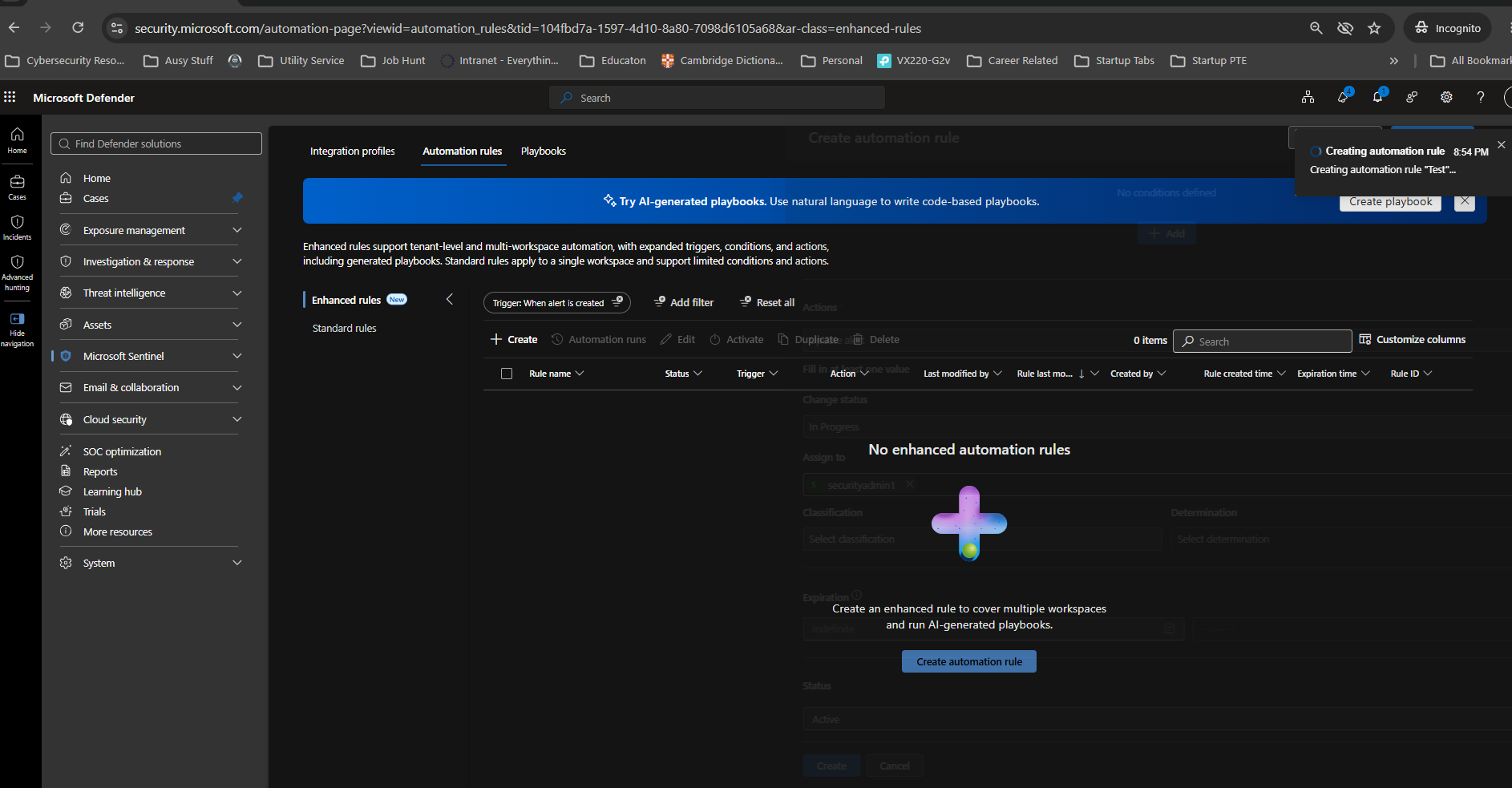 Automation Rule creation page