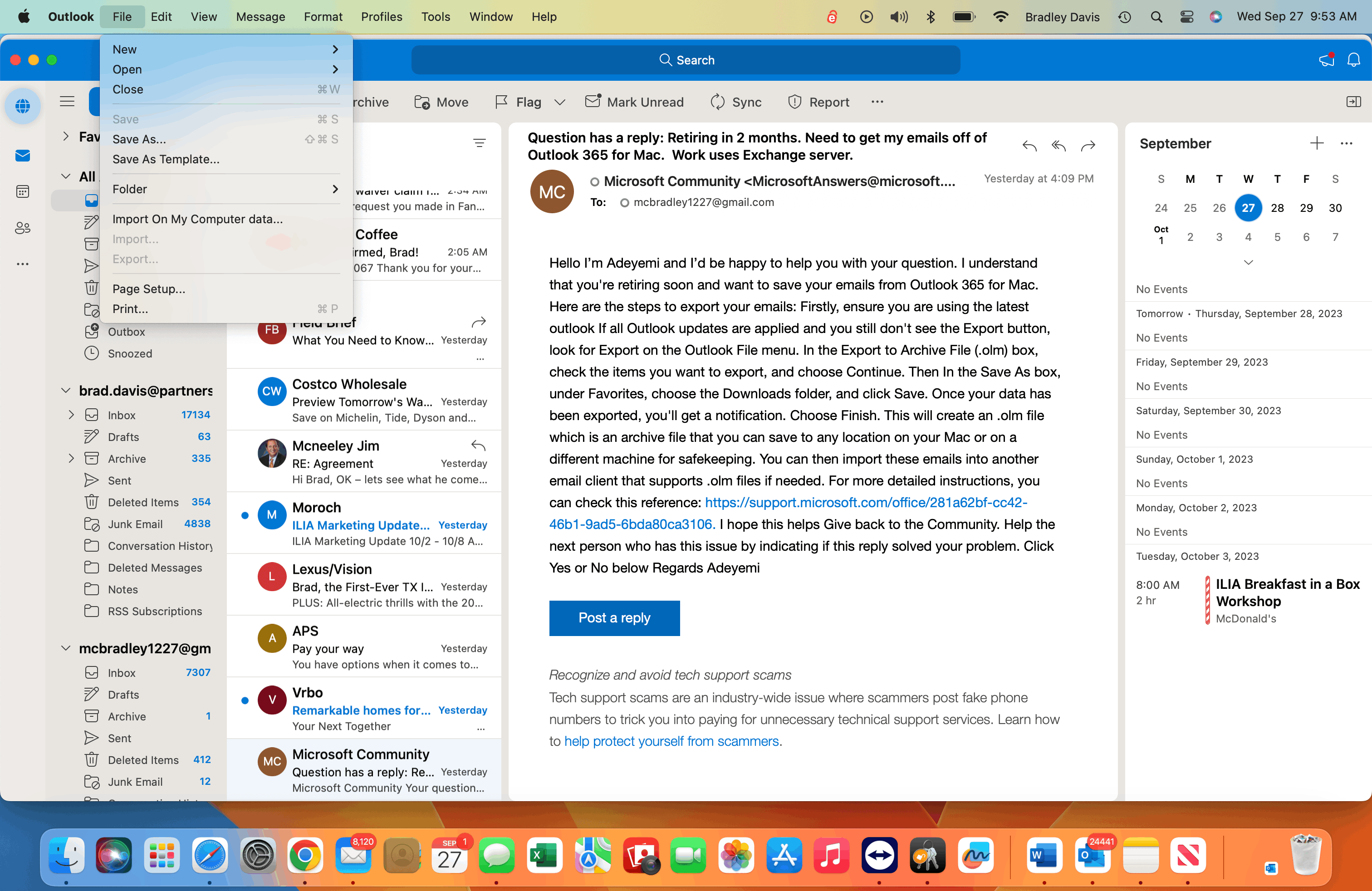 Retiring in 2 months. Need to get my emails off of Outlook 365 for Mac ...