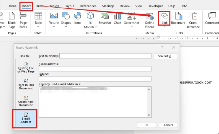 I want to add email address in a word MS, so how to add so that a ...