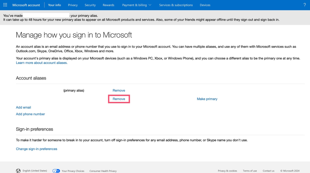 My business domain email is stuck as an alias on a personal Microsoft ...