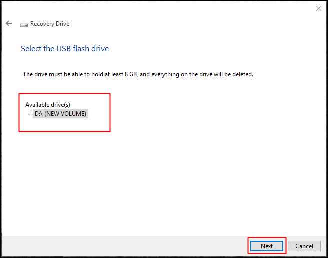 Select the USB Flash drive and click on 'Next'