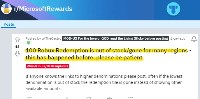why did the 100 robux option disappear? - Microsoft Q&A