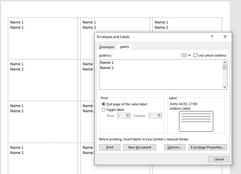 Envelopes and Labels - Separating names when typing multiple into ...