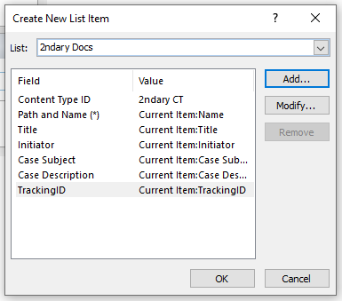 create new list action on 2ndary Docs