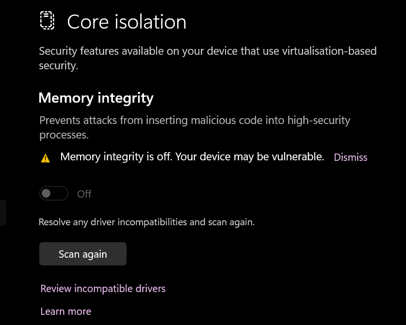 Memory integrity cannot be turned on due to incompatible drivers ...