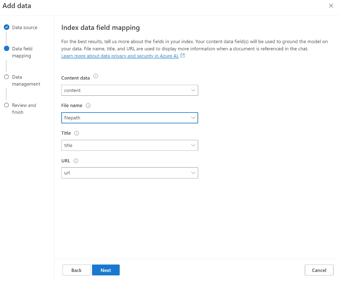 A screenshot showing the index field mapping options in Azure OpenAI Studio.